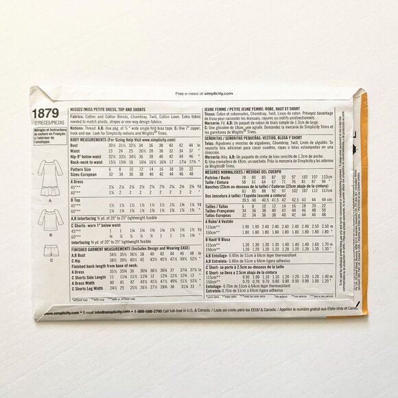 Simplicity Lisette Style Dress Top Shorts Sewing Pattern 1879 Size H5 6-14 Uncut - Picture 2 of 6